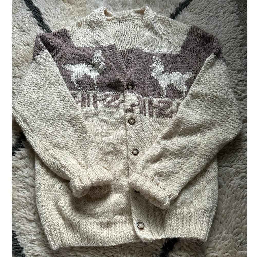 Vintage cowichan cardigan sweater wool Reindeer Tan/Cream/Brown natural undyed - Picture 6 of 9